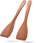 2PCS Wooden Spatulas for Cooking, 13inch Coated Sapele Wood Turners for Frying, Non-Scratch Flat Spurtle for Pan & Wok, Wooden Cooking Utensils for Non Stick Cookware, Long Handle Scraper