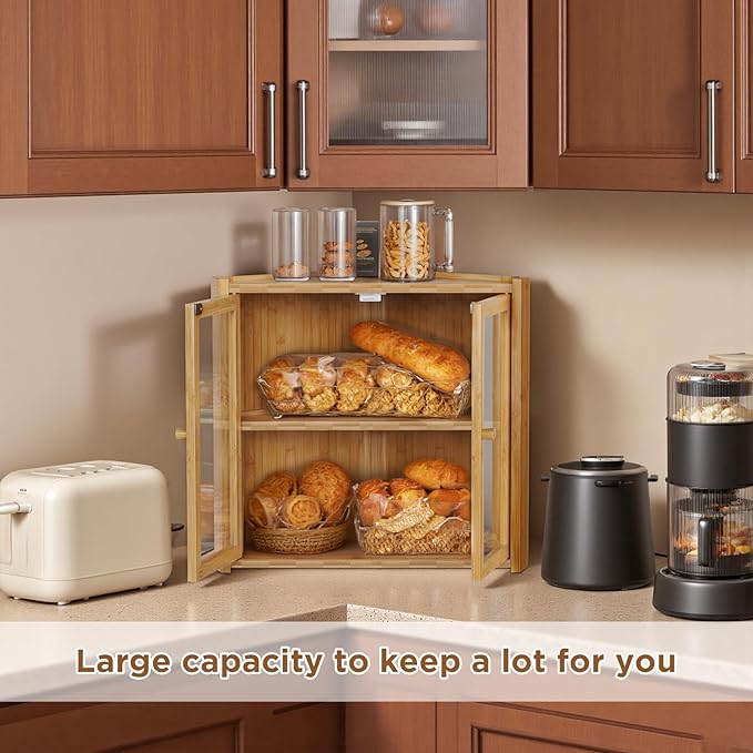 BAMBANG Corner Bread Box for Kitchen Countertop, Double Layer Bamboo Bread Storage Container with 2 Doors, Farmhouse Large Bread Bin, Wooden Breadbox Holder for Homemade Bread, Natural