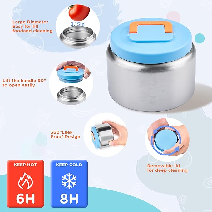 MAISON HUIS Bento Box for Kids with 8oz Soup Thermo, Insulated Lunch Bag & 17oz Water Bottle, 2-Compartment Bento Box with Built-In Ice Pack, Leak-Proof & BPA-Free (Blue)