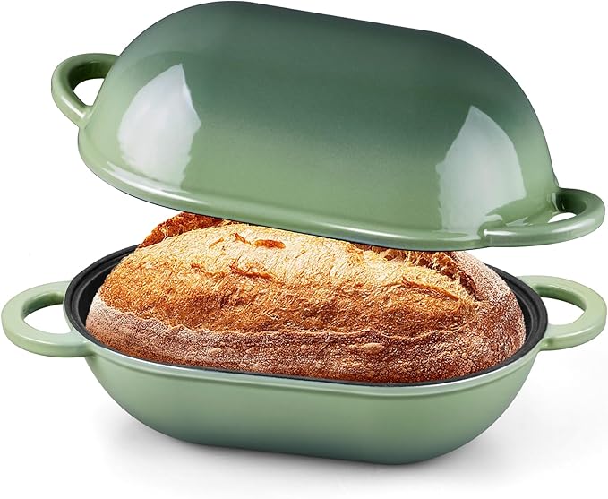 Onader Enameled Cast Iron Dutch Oven, 2.8QT Dutch Oven Pot with Lid for Sourdough Bread Baking, Oval Meatloaf Pan, Heavy Duty - Pistachio Green