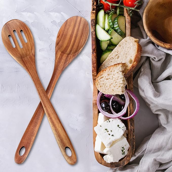 2-Piece 14 inch Large Wooden Spoon Set Non Toxic Solid Wood Spoons Cooking Utensils Slotted Spoon Long Non-Stick Cooking Spoons Teak Wood Kitchen Spatula for Mixing Stirring Serving Spoons