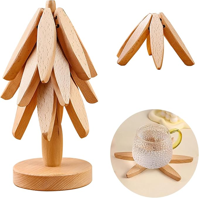 Generic Wooden Trivets for Hot Dishes with 4 Beech Wood Hot Plate Mats, Used as Jungle Theme Decorations and for Table Protection for Hot Dishes/Pots/Bowls/Teapots/Drinks/and Plates, LIN-HAO001
