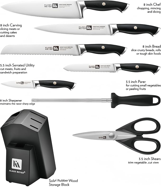 Klaus Meyer 8-Piece Kitchen Knife Set, German High Carbon Steel Pakka Wood Handle Chef Knife Set With Block, Ultra Sharp With Scissors, Sharpener Rod.