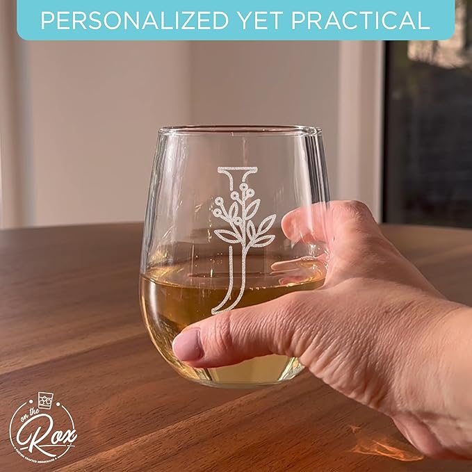 On The Rox Drinks Monogrammed Gifts For Women and Men - Letter A-Z Initial Engraved Monogram Stemless Wine Glass - 17 Oz Personalized Wine Gifts For Women and Men (J)
