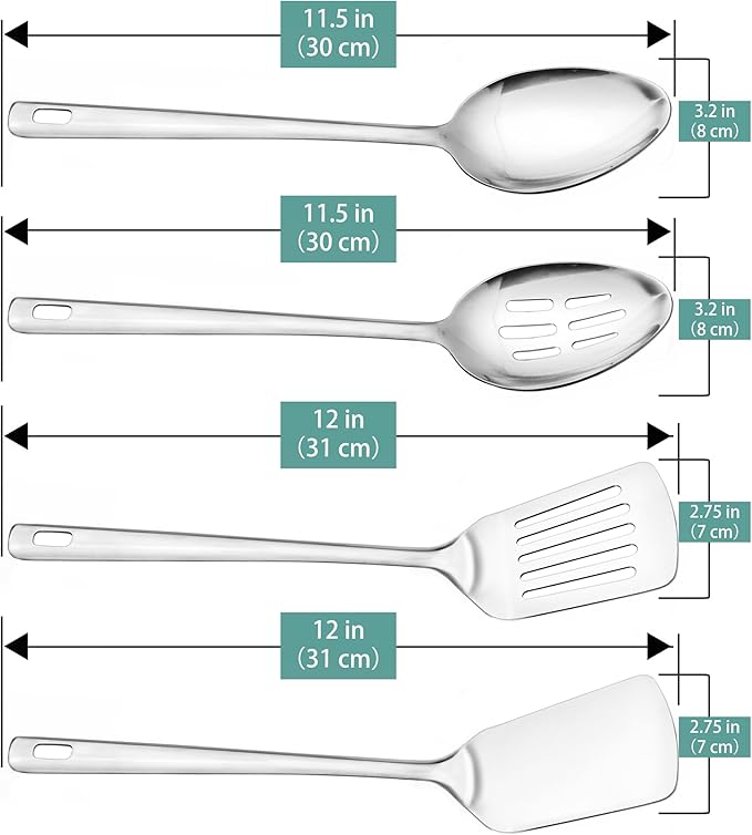 11.5-in Serving Spoons & Spatula Set, 18/0 Stainless Steel Cooking Utensil in Kitchen Buffet Serving Utensils Set, Easy to Clean, for Home Hotel Restaurant