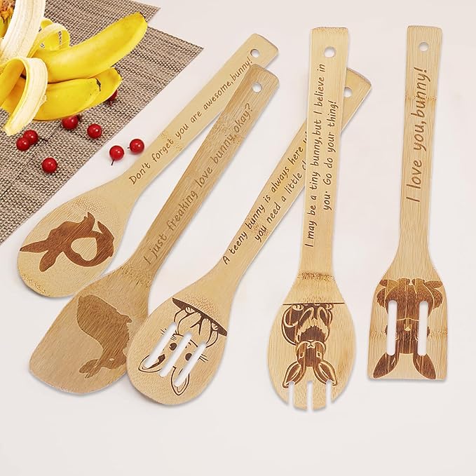 5PCS Rabbit Wooden Cooking Spoons Set Rabbit Gifts for Women Kitchen Decor Bamboo Cooking Utensil Spoons for Housewarming Wedding Anniversary Thanksgiving Christmas Gifts Mom Women