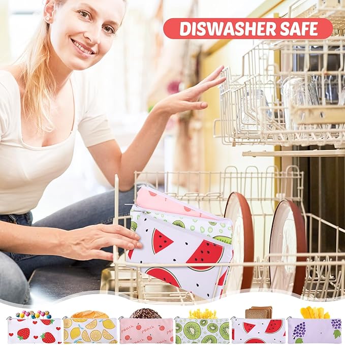 Chumia 6 Pcs Reusable Snack Bags Christmas Gifts Food Safety Washable Snack Bags Lunch with Zipper Portable Sandwich Bag Food Storage Pouch Double Layer(Fruit,6.9 x 3.7 Inches)