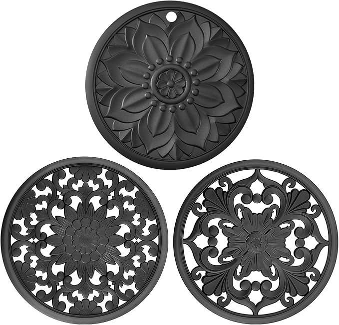Silicone Trivet Mat Set of 3 Heat Resistant Black Pot Holders for Non-Slip Hot Pans Thick Creative Shapes for Dining Table Kitchen Countertops Tablecloth Protection