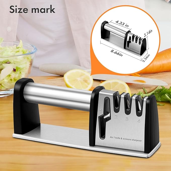 Kitchen Knife Sharpener – 4-in-1 Knife Sharpening System for Scissors, Knives, Blades – Sharpening Tool with Ergonomic Handle and Anti-Slip Base – Tungsten Steel Blade Sharpener