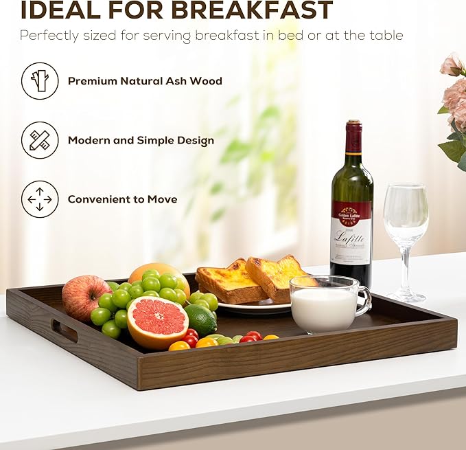 Axeman 24 Inch Large Square Wooden Ottoman Tray for Living Room|Extra Large Serving Tray with Handles for Coffee Table, Breakfast|Decorative Wood Tray for Ottoman Couch Sofa Kitchen|Walnut
