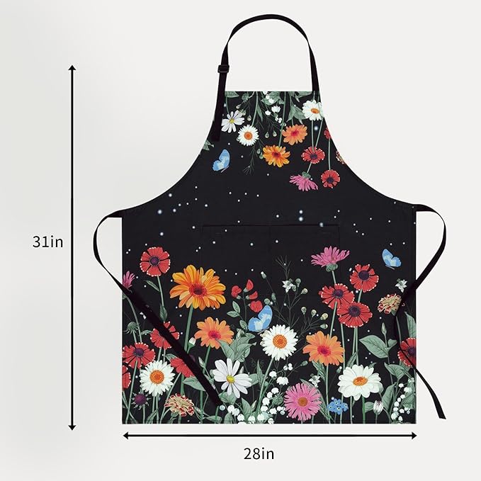 ASPMIZ Floral Apron for Adults, Waterproof Women Apron with 2 Pockets, Flower Cooking Aprons with Adjustable Neck Strap, Kitchen Apron for Washing Dishes, Gifts BBQ Grill 27.5 x 31.5 Inches, Black