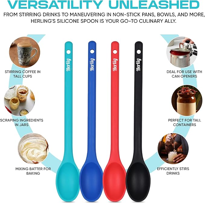 HERLIG™ 4 Pieces Large Silicone Mixing Spoon 12 Inches Heat Resistant Basting Spoon Food Grade Utensil Spoon Non-Stick Spoon for Mixing, Baking, Serving and Stirring