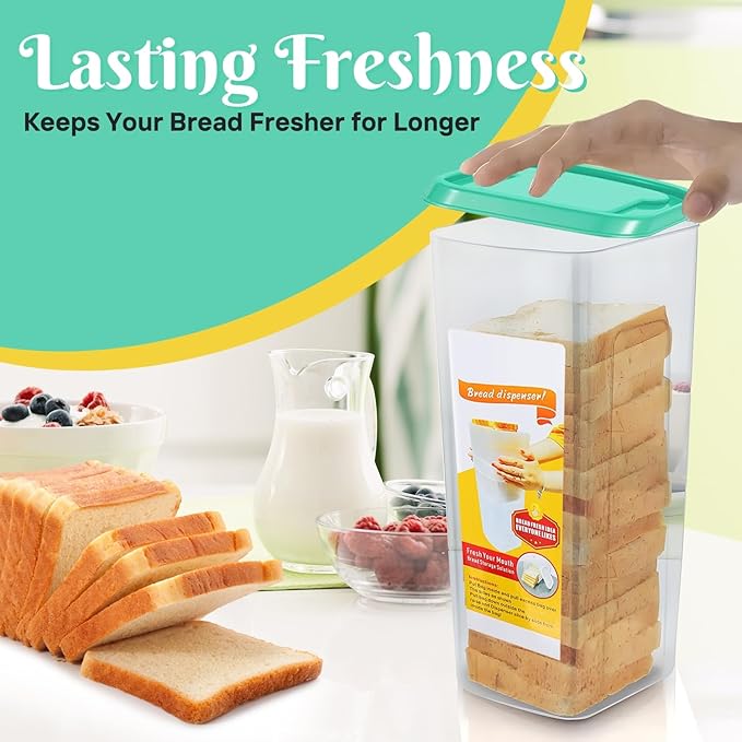 Flexzion 2 Pack Airtight Bread Containers - Clear BPA-Free Storage Box for Kitchen Countertop, Space-Saving & Durable Plastic Loaf Container & Dispenser, Green
