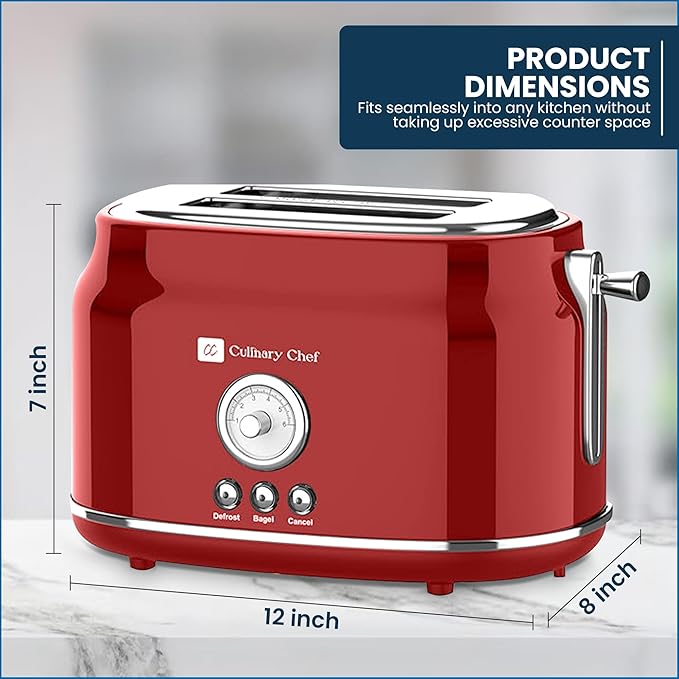 Frigidaire ETO102-WHITE, 2 Slice Toaster, Retro Style, Wide Slot for Bread, English Muffins, Croissants, and Bagels, 5 Adjustable Toast Settings, Cancel and Defrost, 900w, Red