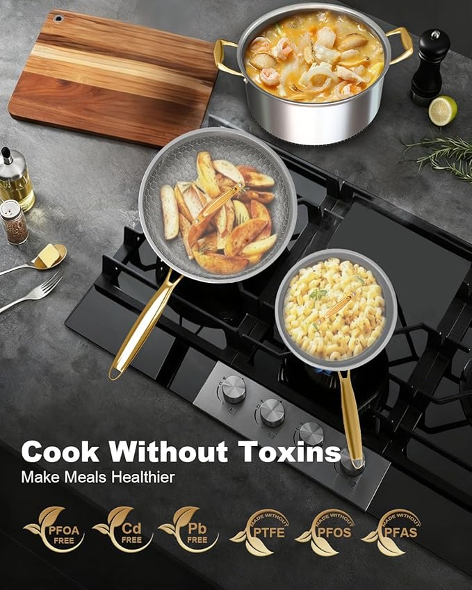 FogDream Stainless Steel Cookware, Tri Ply Pots And Pans Set, Non Stick Frying Pans, Soup Pot & Sauce Pan With Tempered Glass Lids, Cool Handles, Dishwasher Safe, Induction Compatible, Gold