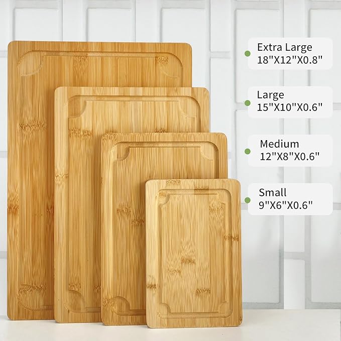 4 Piece Extra Large Bamboo Cutting Board Set For Kitch, Heave Duty Wood Cutting Board With Juice Groove Pre Oiled Chopping Board Set For Meat Vegetable Fruits