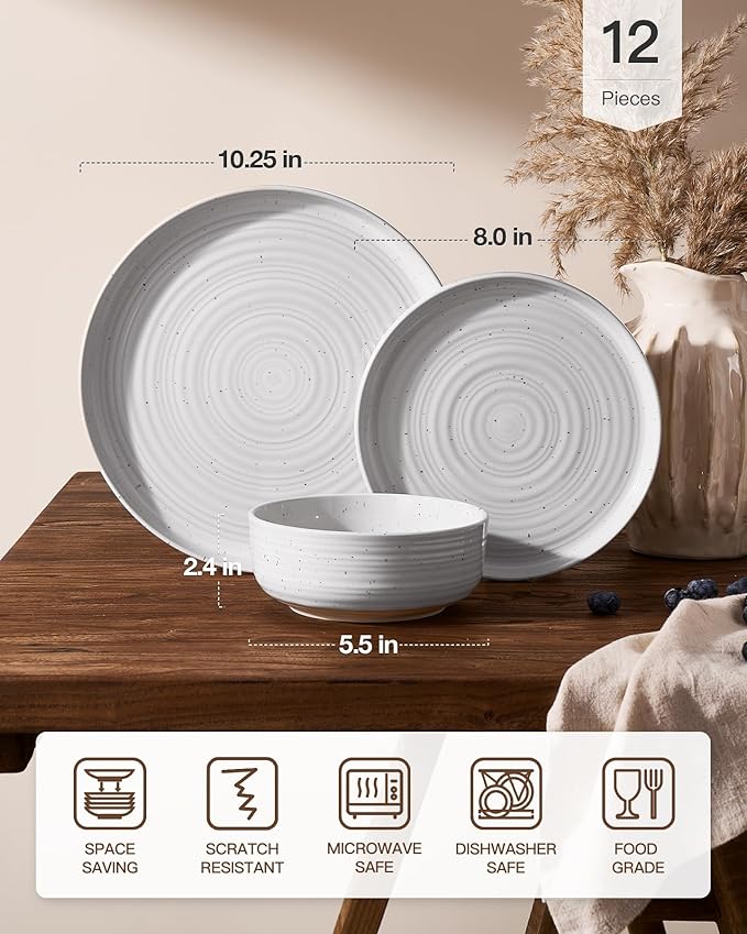 Stoneware Dinnerware Sets, Plate and Bowl Sets for 4, 12 Pieces Spiral Flared Dishware Set with Speckles & Reactive Glaze - Microwave and Dishwasher Safe Tableware, White