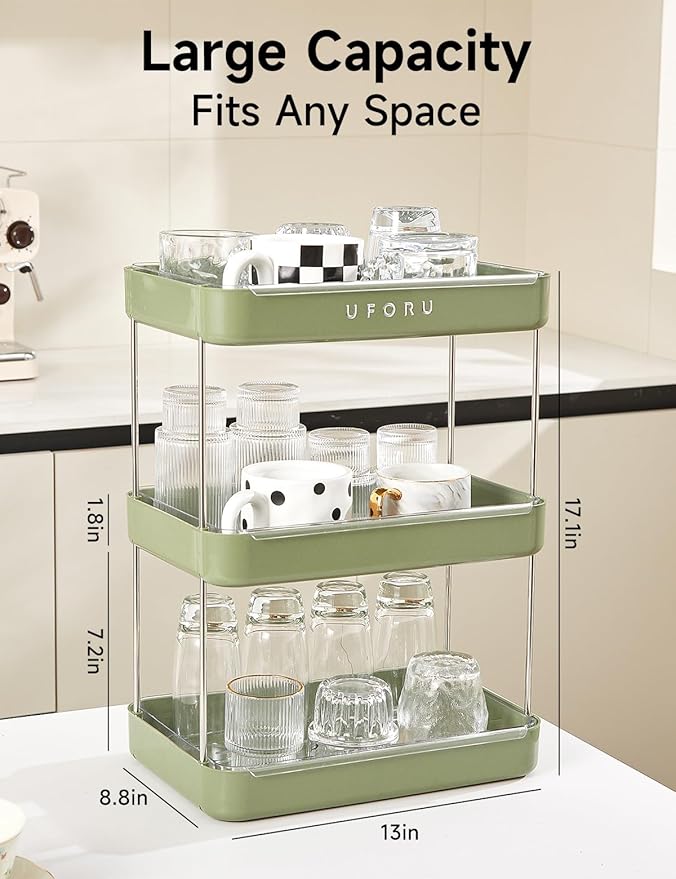 Countertop Coffee Station Organizer | 3-Tier Whisky Glass Tray, Mug Drying Shelf with Removable Drain Tray - Easy to Install, Clean - Spice Rack for Kitchen, Bathroom Counter Organzier