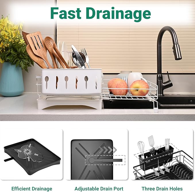 Expandable Over Sink Dish Drying Rack – Foldable Stainless Steel Kitchen Organizer with Utensil Holder, Space-Saving & Rustproof (White)