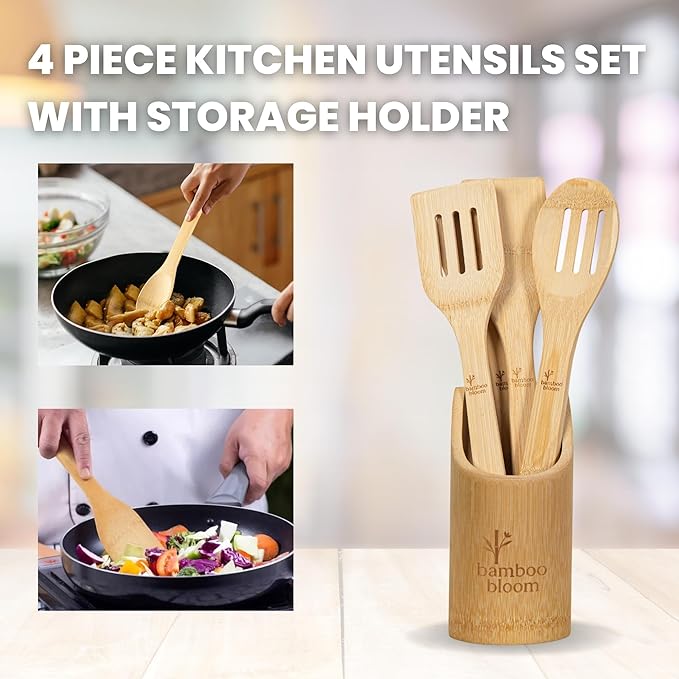4 Piece kitchen utensils set - bamboo cooking utensils with comfort grip, including utensil holder, bamboo spoons, shovels & spatulas | wooden utensil set for non-stick pans, kitchen essentials