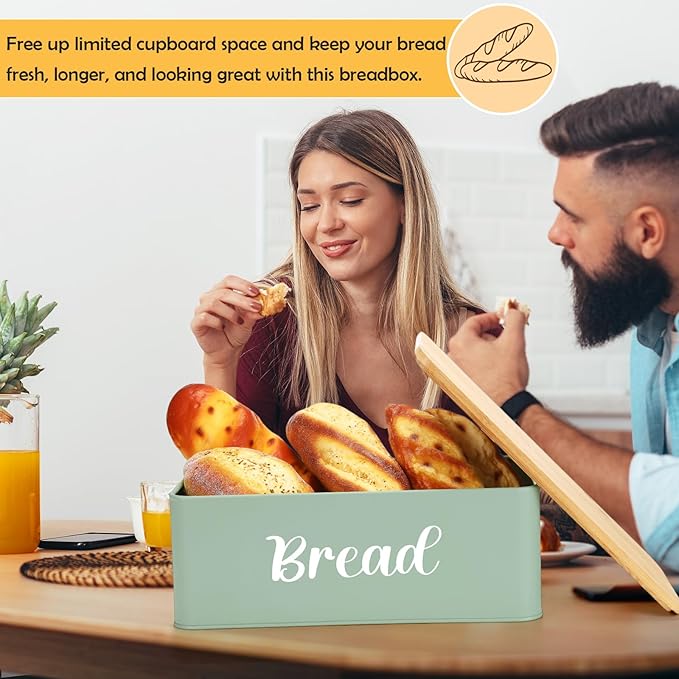 Hushee Metal Bread Box and Butter Dish with Bamboo Cutting Board Lid and Knife Bread Storage Container Breadbox for Kitchen Counter Butter Organizer for Kitchen Countertop Decoration(Sage Green)