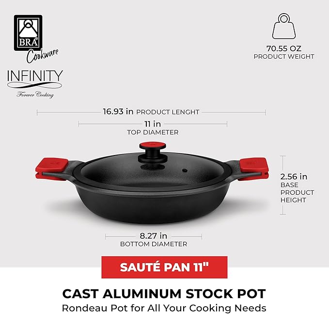 BRA COOKWARE Infinity Dual-Handled Sauté Pan w/Glass Lid | 11-Inch 2.95-Quart Shallow Stock Pot | Nonstick Cast Aluminum Everyday Chef Pan | PFAS Free Rondeau Pot | All Cooktops incl. Induction