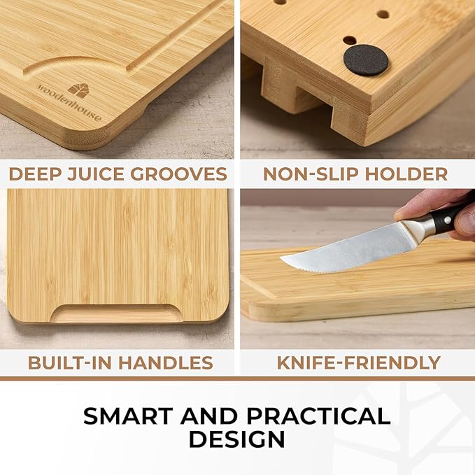Bamboo Cutting Board Set of 3 with Holder – Durable Wooden Boards for Kitchen, Chopping & Serving – Eco-Friendly by Woodenhouse