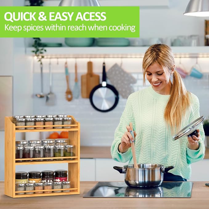 3 Tier Bamboo Spice Rack Organizer, Wood Seasoning Shelf, Spice Jars Storage Rack for Kitchen Countertop or Wall