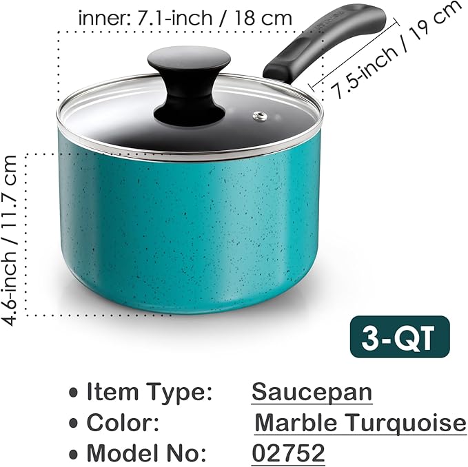 Cook N Home Non Stick Sauce Pan, 3 Quarts Saucepan with Glass Lid, Nonstick Small Multi-purpose Pot, Milk Chocolate Aluminum Cooking Pot Pan with Stay-Cool Handle, Turquoise