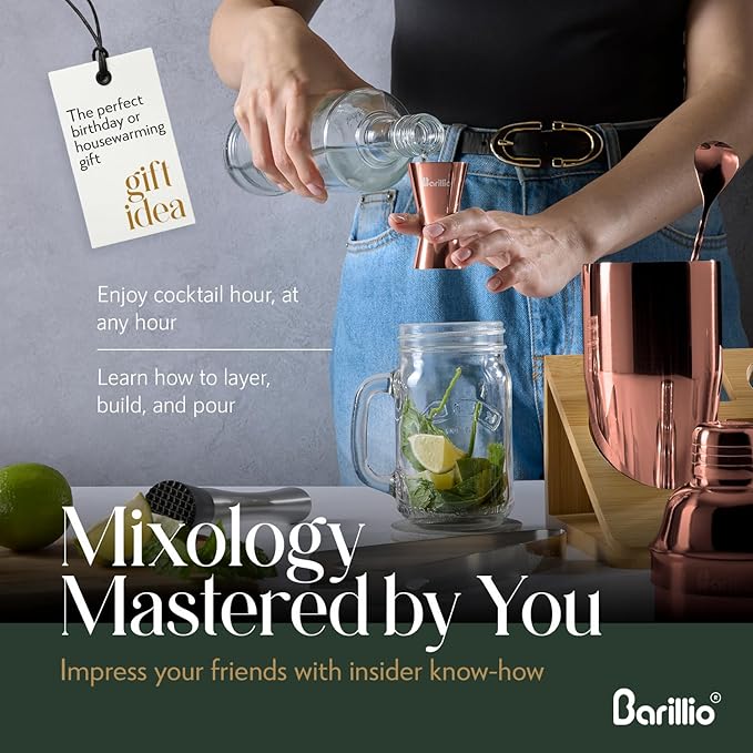 Barillio Rose Gold Bartender Kit - Stainless-Steel Cocktail Shaker Set w/Bamboo Stand - Mixology Bar Tools w/Shaker, Drink Mixer Spoon & Muddler for Cocktails - Home Bar Accessories - 10-Pc Bar Set