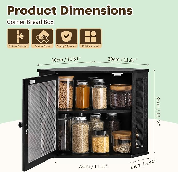 Corner Bread Box for Kitchen Countertop - Bamboo Large Capacity Bread Storage Bin with Acrylic Wavy Door Panel,Bread Box Under Cabinet (Black,Medium)