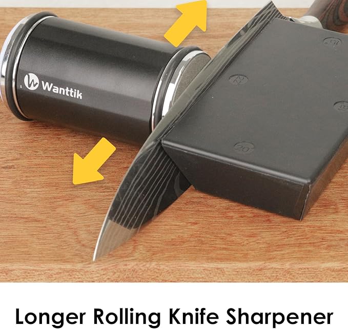 Upgraded Longer Rolling Knife Sharpener Kit, Roller Knife Sharpener with Leather Strop, 4PCS Replaceable Honing Discs, 15°, 18°, 20°, and 22° Longer Angle Base, RS3 Black
