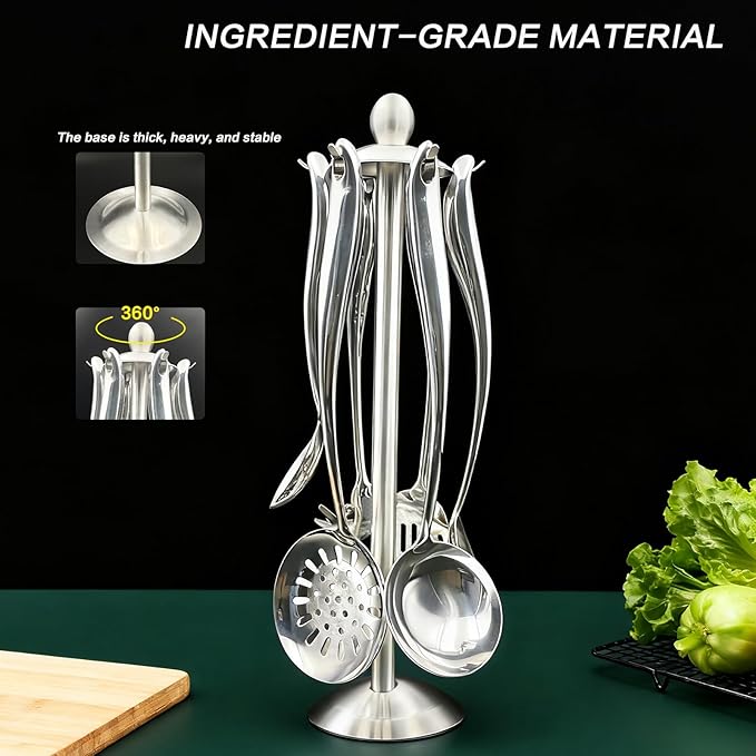 Stainless Steel Cooking Utensils Set with Holder, 7-Pieces All Metal Kitchen Utensils, 15’’ Long Kitchen Tools with Countertop Rotating Stand, Spatula, Ladle, Skimmer, Tunner, Pasta, Large Spoon