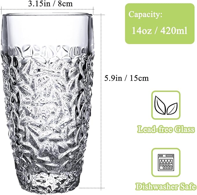 Set of 4 Luxury Highball Glasses - 14oz Cut-Glass Water Drinking Cups - Stackable Collins Glass for Tiny Kitchens, Dishwasher Safe, Elegant Glassware Set Fits Wedding, Christmas