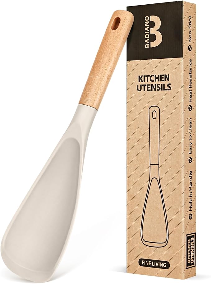 Cooking Spoon for Nonstick Cookwares, Great for Cooking and Serving Sturdy BPA-Free Matte Silicone, Wood Handle Spoon for Mixing, Scoop, and Scrape (Khaki)