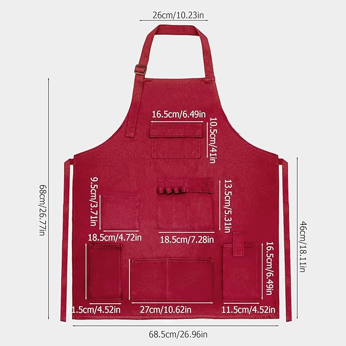 boshiho Painting Aprons, Adjustable Buckle, Barber Apron with Pockets for Women/Men/Unisex, Utility or Work Apron (Red)