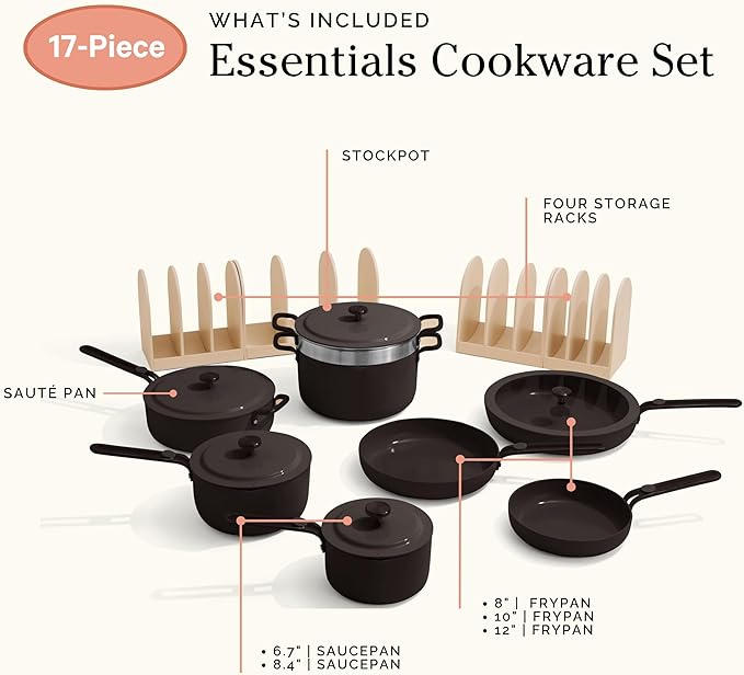 Our Place 17-Piece Essentials Complete Cookware Set - Ceramic Fry Pans, Saucepans, Sauté Pan, Stock Pot, Strainer Basket & Modular Storage | Thermakind™ Nonstick, Oven Safe up to 450°F | Char