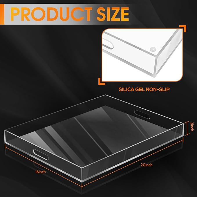 MAONAME Acrylic Serving Tray with Handles, 20"x16" Rectangular Clear Tray, Ottoman Decorative Trays, Coffee Table Trays for Countertop, Living Room, Office