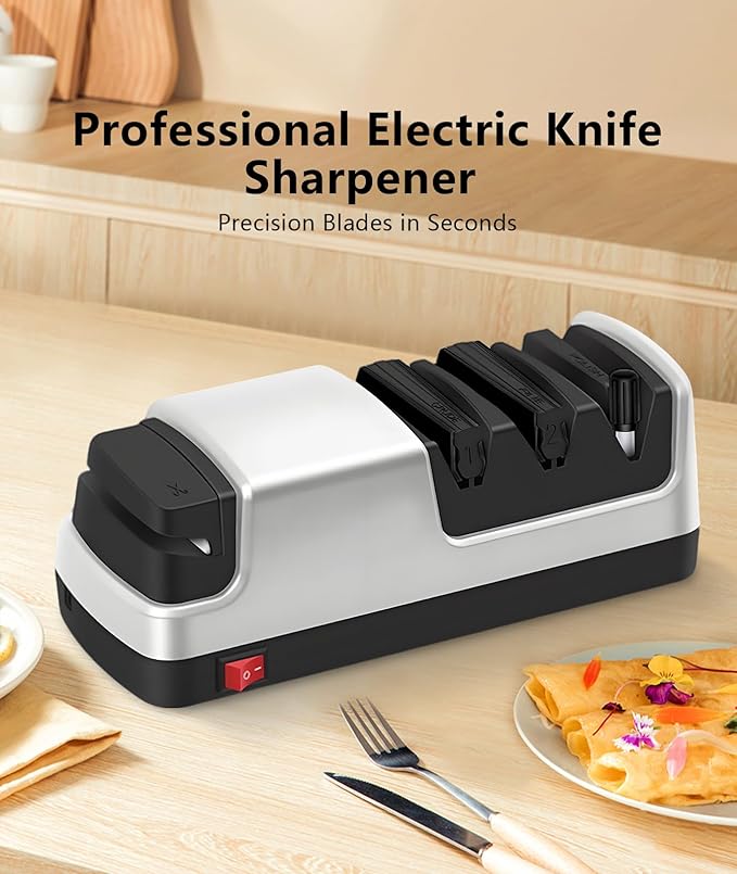 Professional Electric Knife Sharpener – Precision Sharpening for Kitchen Knives, Scissors & More – Diamond Abrasives & 3-Stage System - Silver