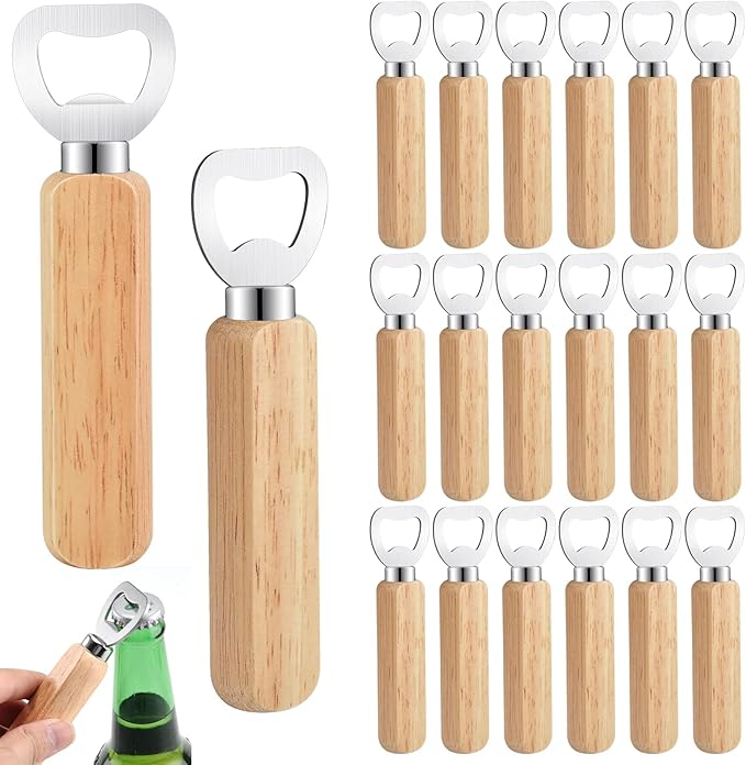 20 Pcs Wooden Bottle Opener, Stainless Steel Wood Handheld Beer Opener, Funny Bartender Bottle Opener for Groomsmen Gifts, Idea for Home Kitchen Wedding Party Bar Restaurant