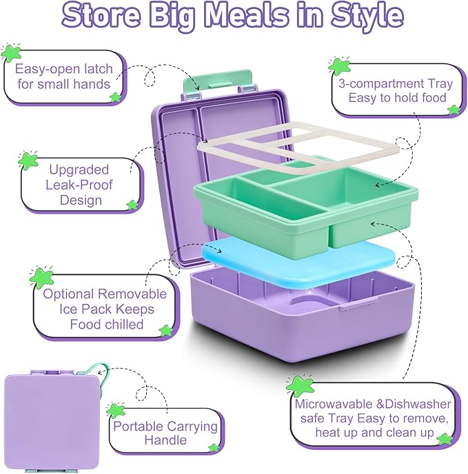 Chill Bento Lunch Box for Kids Adult with Ice Pack,Leak Proof 3 Compartments Lunch Container for Kids,Ice Pack Detachable Bento Box,BPA Free,Dishwasher & Microwave Safe-Purple