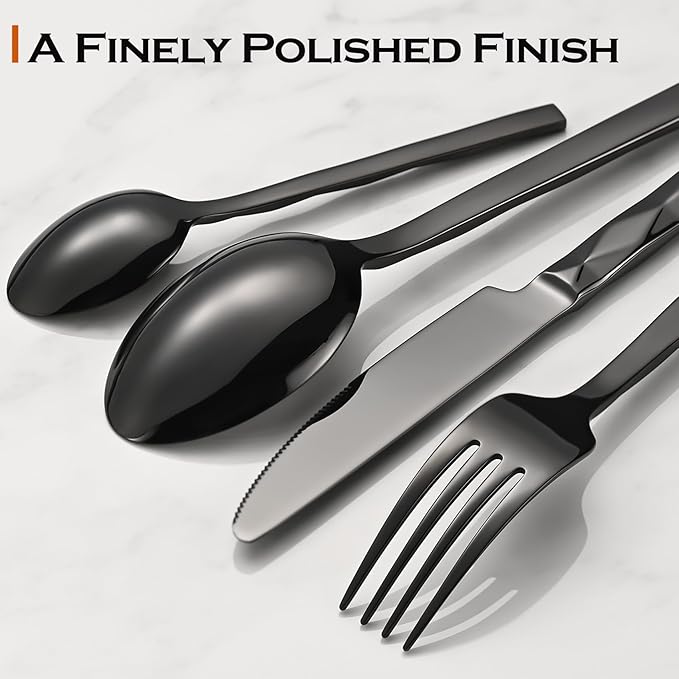 Black Silverware Set, Luxury 20-Piece Flatware Set for 4, Cutlery Set Stainless Steel, Diamond Cut Pattern, Home, Wedding & Party, 18/10 Stainless Steel Tablewaret & Dishwasher Safe Utensils.