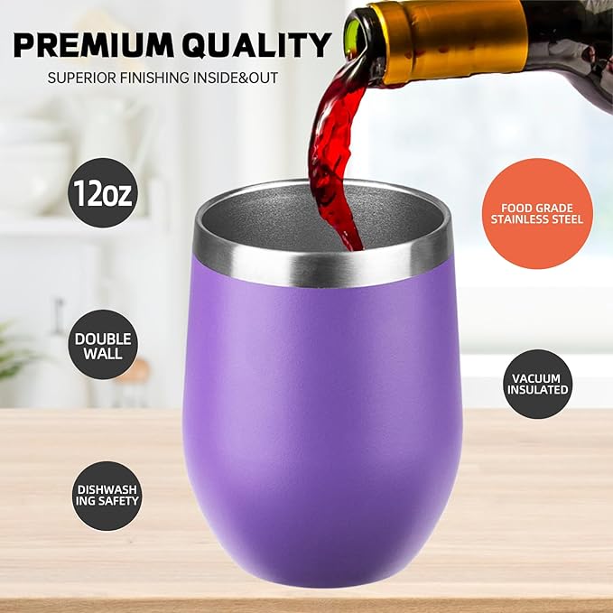 StarSpeed 12oz/12 Pack Wine Tumbler with lid, Stainless Steel Travel Mugs Stemless Double Wall Insulated Coffee Cup, Insulated Wine Glasses Travel Tumbler for Cold & Hot Drinks(Purple, 12)