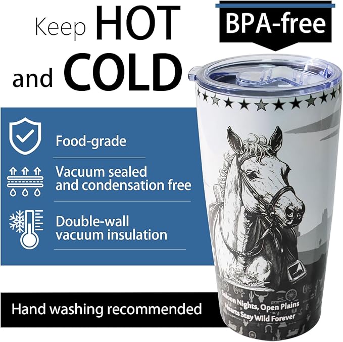 20oz Western Cowboy Horse Tumbler | Stainless Steel Double Vacuum Insulated | Leakproof Travel Mug for Keeps Drinks(20H Cold/5H Hot) | Cup Holder Friendly