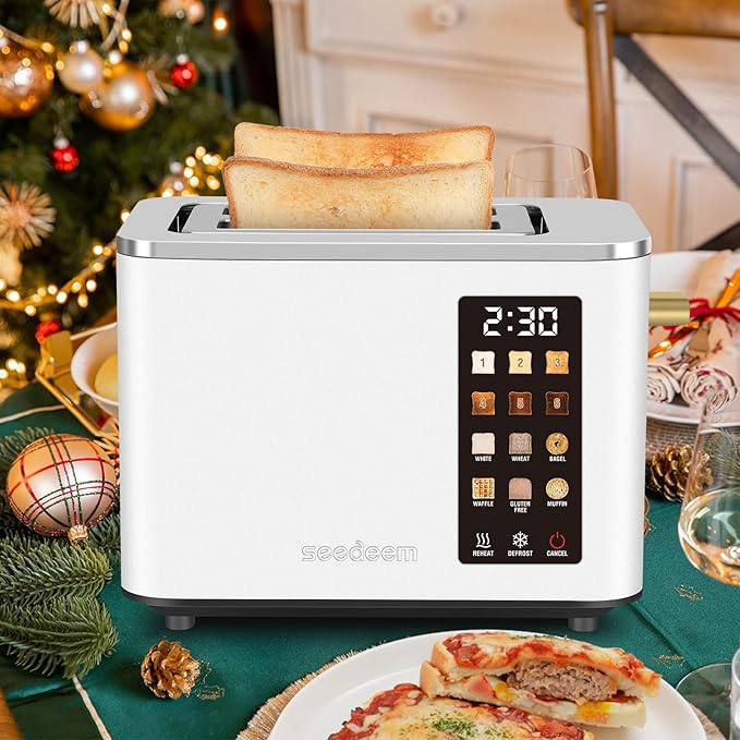 SEEDEEM Toaster 2 Slice, Touch Control Screen, Smart Stainless Toaster, 6 Shade Setting, 6 Bread Selection, Countdown, Removable Crumb Tray, 900W, Pearl White