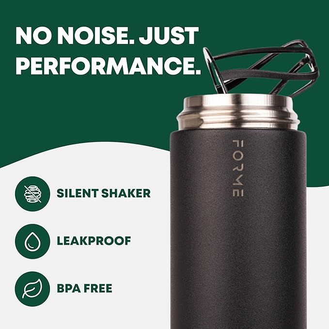 FORME - Blender Shaker Bottle, Leakproof Double Insulated Stainless Steel, Noiseless Shaker Bottle for Hot & Cold Drinks, Ideal for Protein & Supplement Shakes (Charcoal, 23.7 ounces)