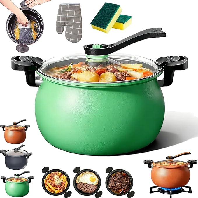 Multifunctional Large Capacity Non-stick Pressure Cooker, Micro Pressure Cooker, Versatile Micro Pressure Cooking Pot with Anti-Scalding Handle & Visual Glass Lid for Culinary Styles (Green)