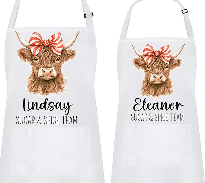 Mommy and Me Highland Cow with Peppermint Swirl Bow Apron Set – Matching Christmas Baking Aprons, Cow Kitchen Gift