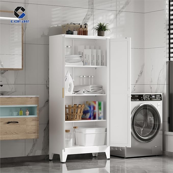 COFaR Metal Storage Cabinet, 61 in Tall Metal Cabinet with 3 Adjustable Shelves and Barn Doors, Farmhouse Cupboard Storage for Kitchen Pantry Garage Laundry, 4-Tier White