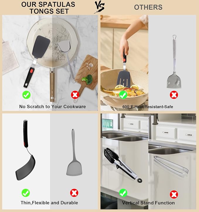 4PCS Flexible Silicone Spatula Turner Set and Kitchen Food Tongs with Silicone Tips, 600F Heat Resistant, Ideal for Flipping Eggs, Fish, Burgers, Pancake and Strong Grip on Salads, Pasta, Steaks, BBQ